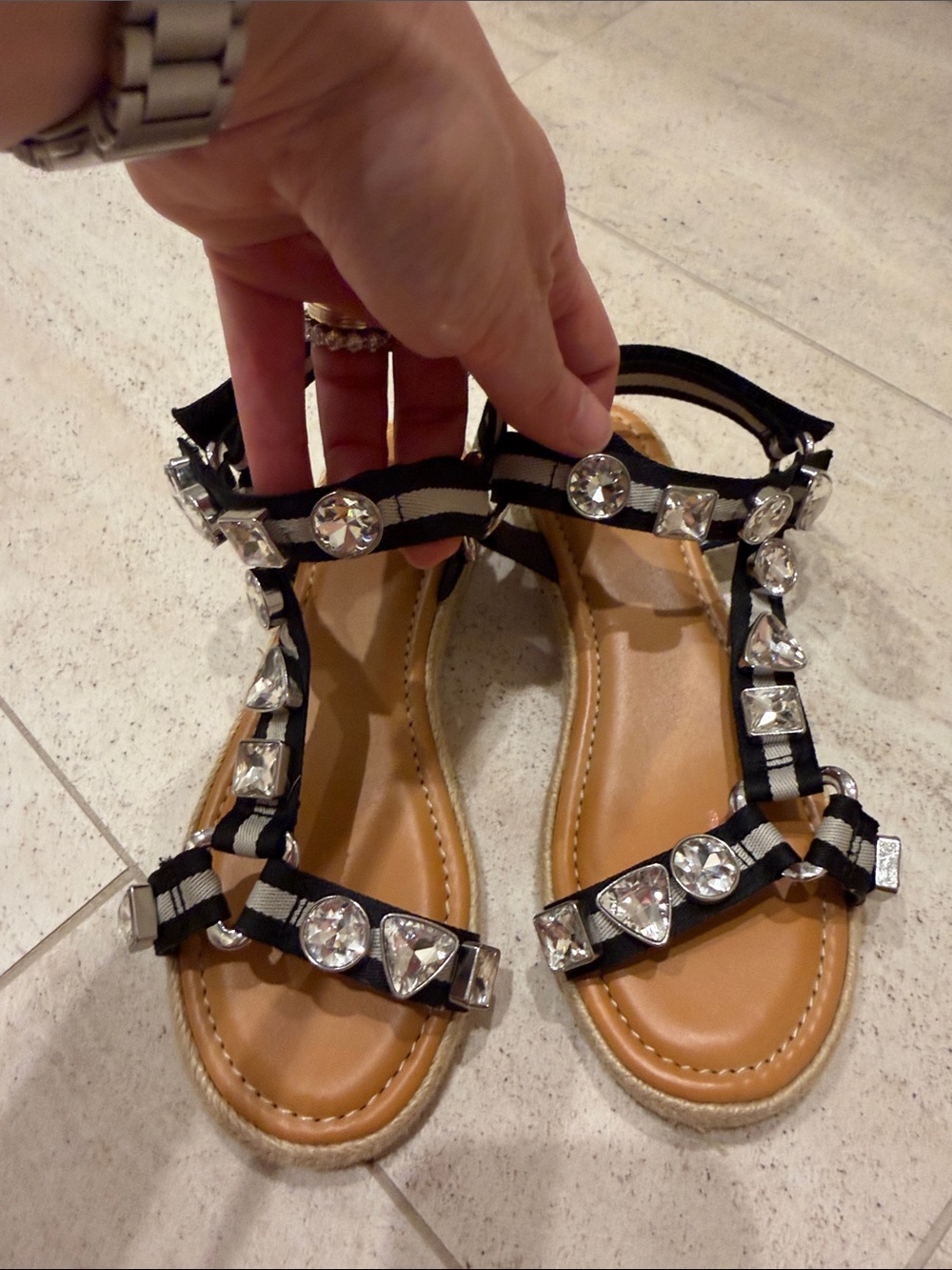 DANNIJO Black & White Striped Jeweled T-Strap Kids Sandals